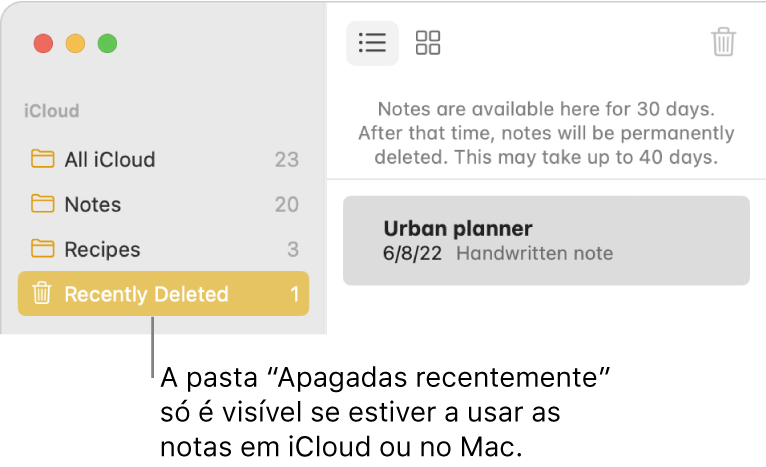 A janela da aplicação Notas com a pasta “Apagadas recentemente” na barra lateral e uma nota apagada recentemente. A pasta “Apagadas recentemente” só está disponível se estiver a usar as notas em iCloud atualizadas ou notas armazenadas no Mac.