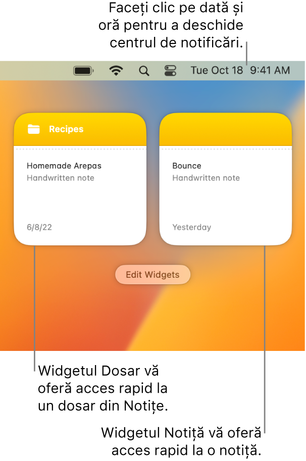 Două widgeturi Notițe: widgetul Dosar afișează un dosar în Notițe, iar widgetul Notiță afișează o notiță. Faceți clic pe data și ora din bara de meniu pentru a deschide centrul de notificări.