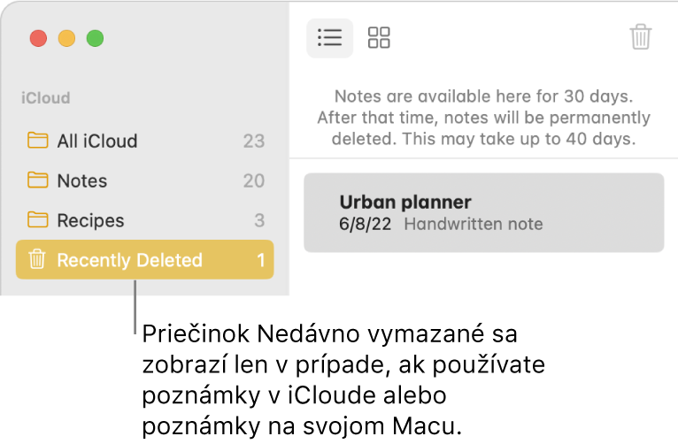 Okno aplikácie Poznámky s priečinkom Nedávno vymazané na postrannom paneli a nedávno vymazaná poznámka. Priečinok Nedávno vymazané sa zobrazuje, iba ak používate iCloud poznámky alebo poznámky na Macu.