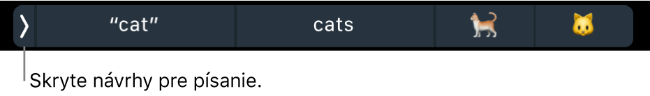 Návrhy pre písanie zobrazujúce slová a emoji, a tlačidlo na ľavej strane na skrytie návrhov pre písanie.