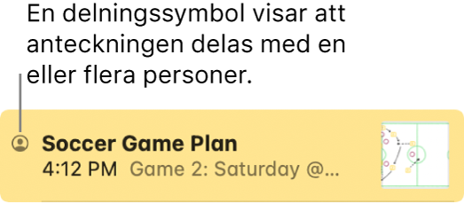 En anteckning som har delats med andra, med symbolen för att den är delad till vänster om anteckningens namn.