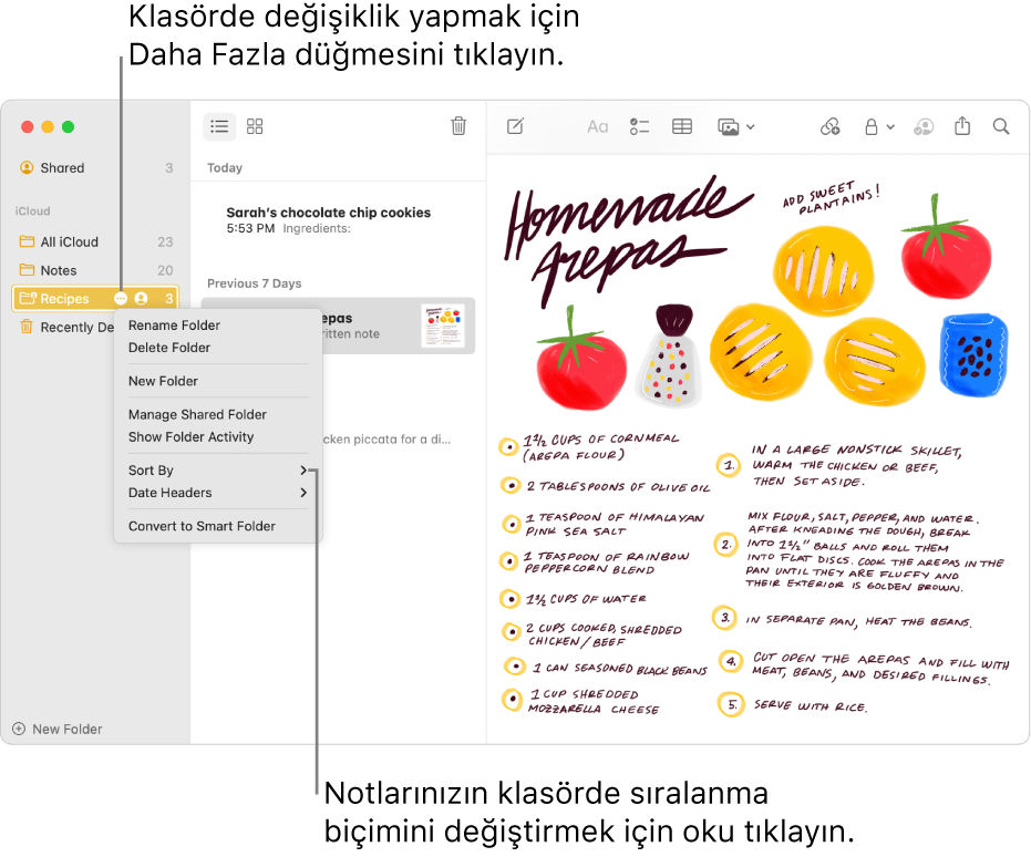 Klasörde değişiklikler yapabilmenizi sağlayan Daha Fazla düğmesini göründüğü ve kenar çubuğunda bir klasörün olduğu Notlar penceresi. Ortadaki notlar listesinin üstünde sıralama seçeneği bulunur ve bu seçenekle notların sıralaması değişir (farklı bir sıralama düzeni seçmek için oku tıklayın).