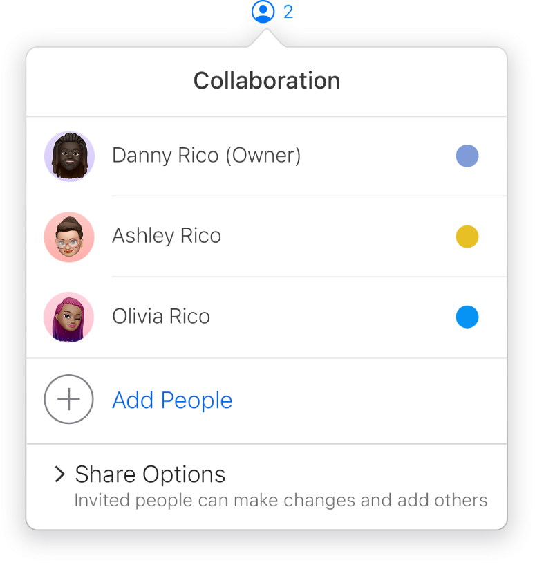 Menu Collaboration affichant les noms des personnes collaborant sur la présentation. Les options de partage se trouvent sous les noms.