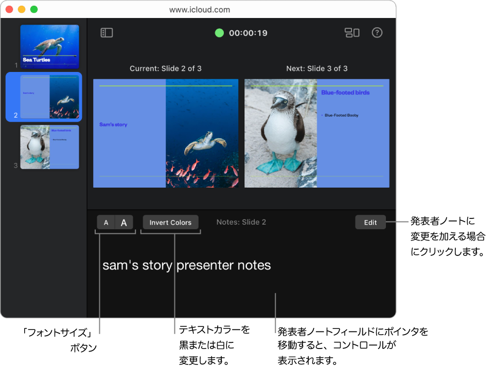 発表者ディスプレイが開いており、上部にプレゼンテーションの長さを追跡するタイマーがあり、現在と次のスライドが下にあります。スライドの下の発表者ノートフィールドには、現在のスライドのメモ、フォントサイズの増減ボタン、「カラーを反転」ボタン、および「編集」ボタンが表示されています。