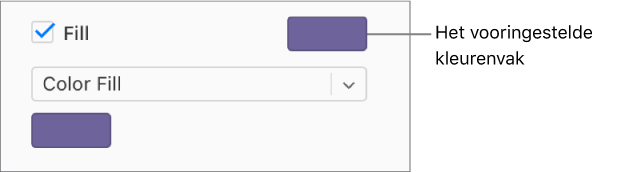 Het aankruisvak Vulling is geselecteerd in de zijbalk en het vooringestelde kleurenvak rechts van het aankruisvak is gevuld met paars. Onder het aankruisvak is Vulkleur gekozen in een venstermenu en daaronder is het aangepaste kleurenvak gevuld met paars.