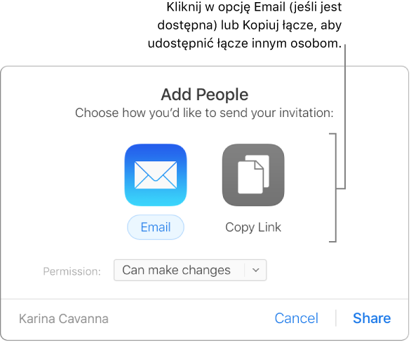 Okno, które pojawia się po kliknięciu przycisku Współpraca na pasku narzędzi (przed udostępnieniem prezentacji). Przyciski Email i Kopiuj łącze pozwalają wybrać sposób udostępnienia prezentacji.