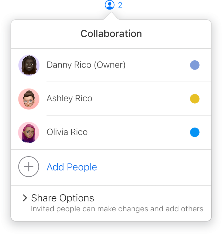 O menu Colaboração apresenta os nomes dos utilizadores que estão a colaborar na apresentação. As opções de partilha são apresentadas por baixo dos nomes.