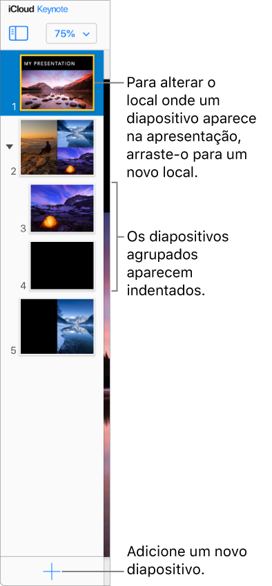 O navegador de diapositivos do Keynote para iCloud está aberto na barra lateral esquerda e apresenta cinco diapositivos na apresentação. O botão para adicionar um novo diapositivo encontra-se na parte inferior da barra lateral.