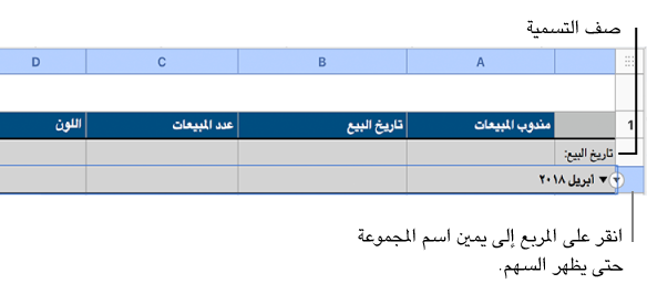 يتم تحديد صف الملخص في جدول مصنف ويظهر سهم للأسفل على الحدود الخاصة به؛ يُظهر صف العنوان الموجود أعلى صف الملخص اسم الفئة الموجودة أعلى اسم المجموعة، واسم الدالة، "والإجمالي الفرعي"، في العمود الثالث.