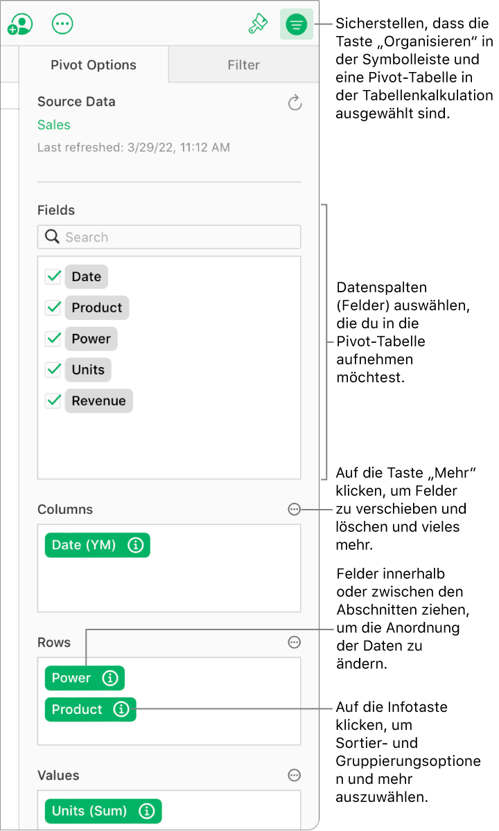 Der Tab „Pivot-Optionen“ in der Seitenleiste „Organisieren“. Es werden Felder in den Bereichen „Spalten“, „Zeilen“ und „Werte“ angezeigt sowie die Infotaste und die Taste „Mehr“, um die Felder zu bearbeiten und die Pivot-Tabelle zu aktualisieren.