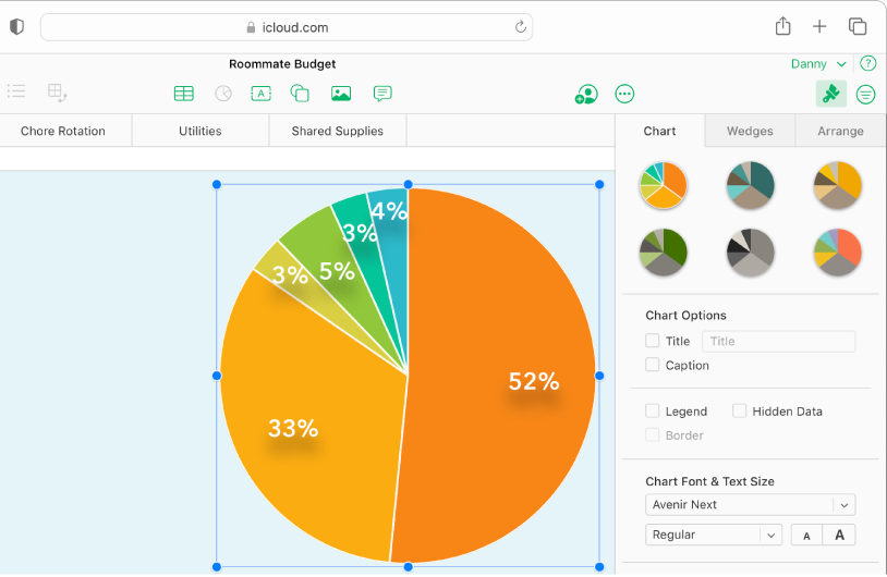 A pie chart with percentages in each section is selected; the Chart tab of the Format sidebar is open and shows options for changing the style, text font, and more.