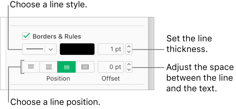 The Borders & Rules checkbox is selected in the Format sidebar, and controls to change the line style, thickness, position, and color of the line appear below the checkbox.