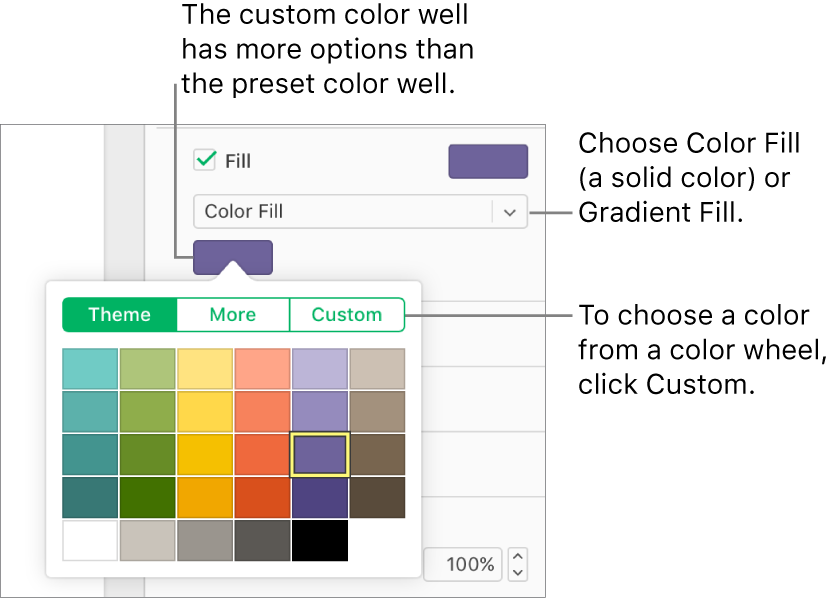 Color Fill is selected in the Fill pop-up menu, and the color well below the pop-up menu shows additional color fill options.