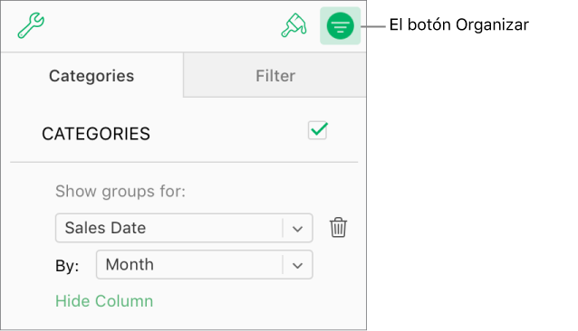 El botón Organizar está seleccionado en la barra de herramientas y las reglas que describen las categorías aparecen en la pestaña Categorías de la barra lateral Organizar. Ahora mismo, los datos están organizados por Fecha de venta y agrupados por mes.