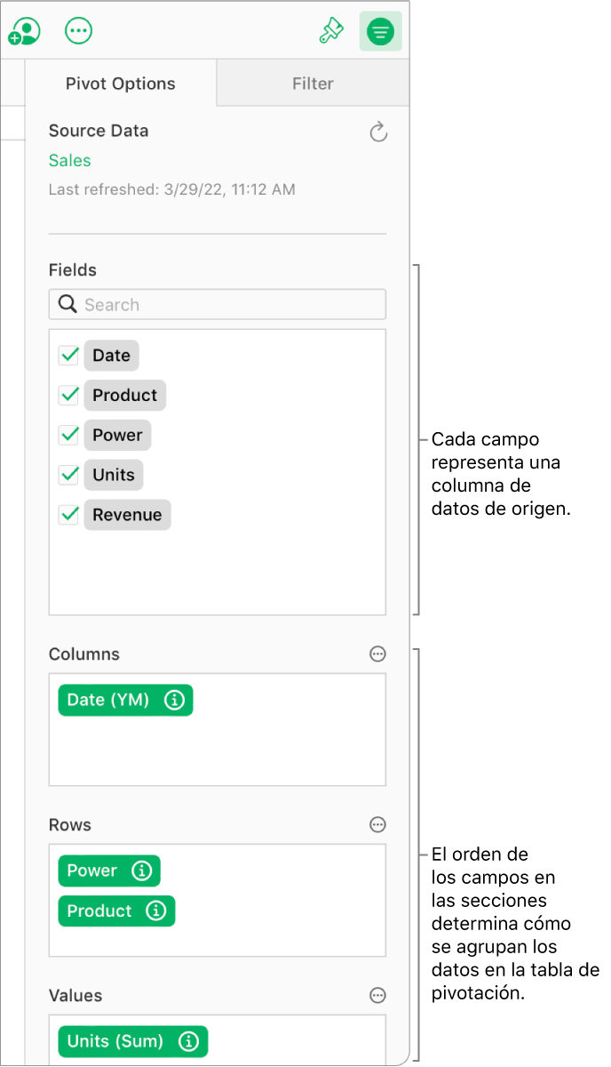La pestaña “Opciones de pivotación” de la barra lateral Organizar, que muestra campos en las secciones Columnas, Filas y Valores, así como los botones de información y más para editar los campos y actualizar la tabla de pivotación.