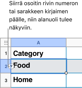 Taulukossa on valittuna rivinumero, jonka oikealla puolella näkyy alanuoli.