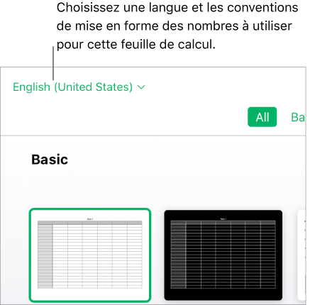 Menu contextuel en haut à gauche de l’outil de sélection du modèle dans lequel l’option Anglais (États-Unis) est sélectionnée.