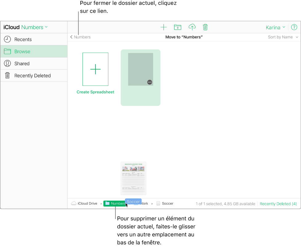 Le dossier Work est ouvert et vous faites glisser une feuille de calcul depuis ce dossier vers le dossier Numbers en bas de la fenêtre.