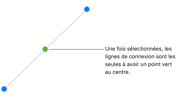 Une ligne de connexion droite est sélectionnée. Une poignée de sélection apparaît à chaque extrémité et un point vert apparaît au milieu.