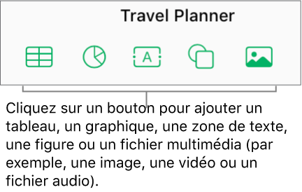 Boutons Tableau, Graphique, Texte, Figure et Image dans la barre d’outils.