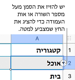 מספר השורה בטבלה נבחר ומופיע חץ למטה מצידו הימני.