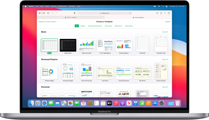 De sjabloonkiezer staat open en geeft een reeks voorbeeldspreadsheets weer om uit te kiezen.