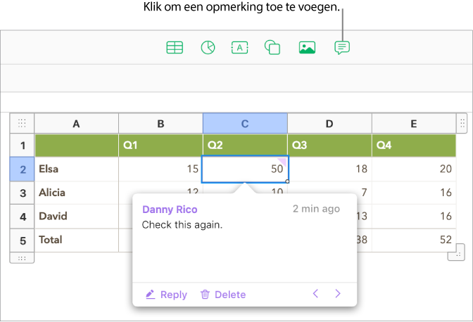 Een opmerking die bij een tabelcel is geplaatst.