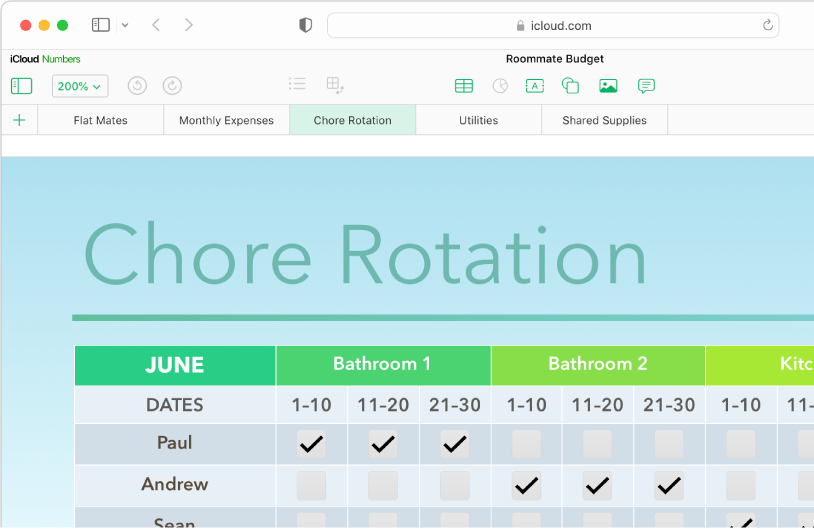 Het bovenste gedeelte links van een spreadsheet toont vijf werkbladtabs; het werkblad ‘Chore Rotation’ (corveerooster) is geselecteerd en een tabel met informatie over de klusjes wordt weergegeven op het werkblad.