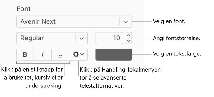 Kontrollene for font og tekststil i Format-sidepanelet.