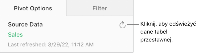 Karta Opcje przestawne z przyciskiem Odśwież w prawym górnym rogu.