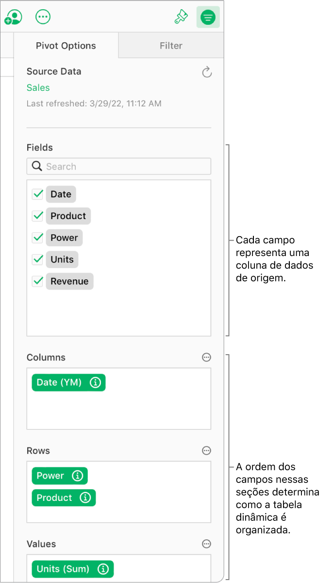 A guia Opções dinâmicas na barra lateral Organizar, mostrando os campos nas seções Colunas, Linhas e Valores, bem como os botões Informações e Mais para editar os campos e atualizar a tabela dinâmica.