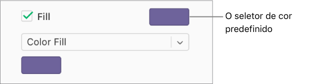 A opção assinalável Preencher está selecionada na barra lateral e a paleta de cores predefinida, à direita da opção assinalável, está preenchida a roxo. Abaixo da opção assinalável, a opção Preenchimento de cor está selecionada no menu pop-up e, por baixo, a paleta de cores personalizada está preenchida a roxo.