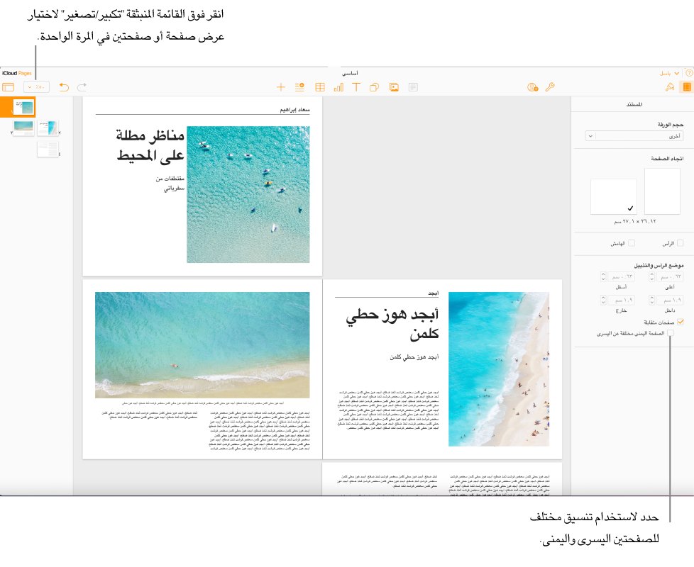 نافذة Pages لـ iCloud مع الصور المصغرة للصفحة وصفحات المستند التي يتم عرضها على شكل صفحتين متقابلتين. في الشريط الجانبي "مستند" على الجانب الأيسر، لم يتم تحديد خانة الاختيار "الصفحات اليسرى واليمنى مختلفة".