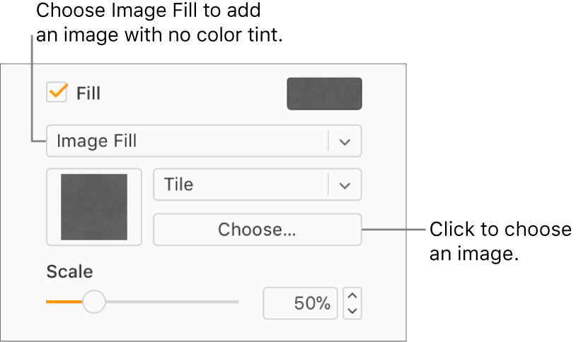The Fill checkbox is selected in the sidebar, and Image Fill is chosen in the pop-up menu below the checkbox. Controls for choosing the image, how it fills the object, and the image’s scale appear below the pop-up menu. A preview of the image appears in a square below the Image Fill pop-up menu after an image is chosen.