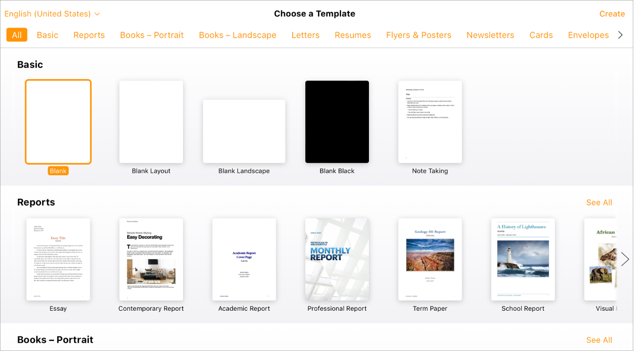 The template chooser showing several template thumbnails. The Contemporary Novel template is selected.