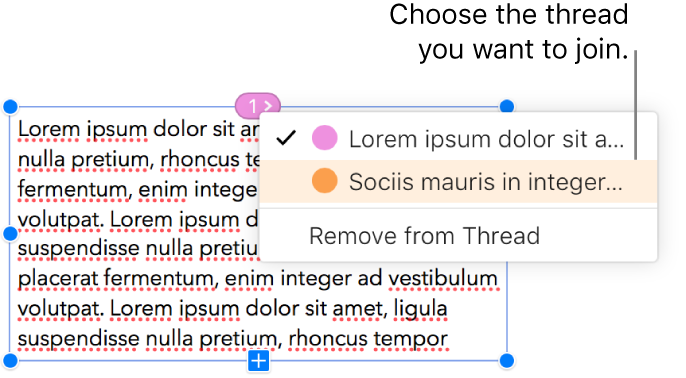 The first text box in a thread is selected, and a pop-up menu next to the circle at the top of the text box is open. In the pop-up menu, the thread the text box currently belongs to has a checkmark beside it.