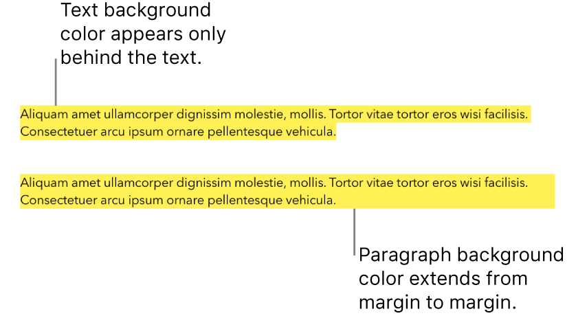 One paragraph with a yellow color behind only the text and a second paragraph with a yellow color block behind the paragraph that extends from margin to margin.