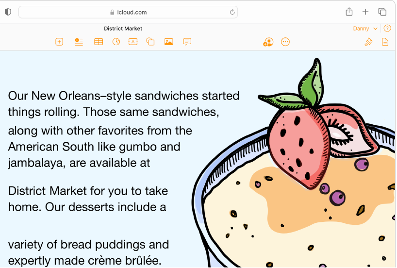 An image of a dessert dish in a document, with text flowing around the curve of the image.
