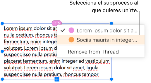 Está seleccionado el primer cuadro de texto de un subproceso y un menú desplegable junto al círculo de la parte superior del cuadro de texto está abierto. En el menú desplegable, el subproceso del cuadro de texto tiene una casilla al lado.