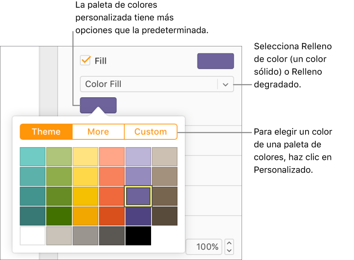 El relleno de color se selecciona en el menú desplegable Relleno y la paleta de colores que hay debajo muestra opciones de relleno de color adicionales.