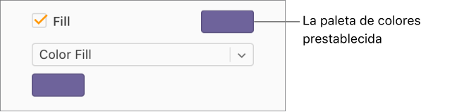 La casilla Relleno está seleccionada y la paleta de colores predefinidos de la derecha muestra el color lila.