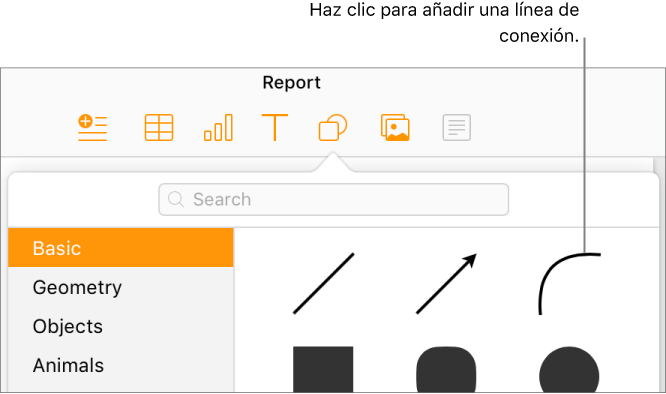 La biblioteca de figuras está abierta, con Básica seleccionado en la izquierda y, a la derecha, se ven unas líneas y figuras, incluyendo una línea curva.