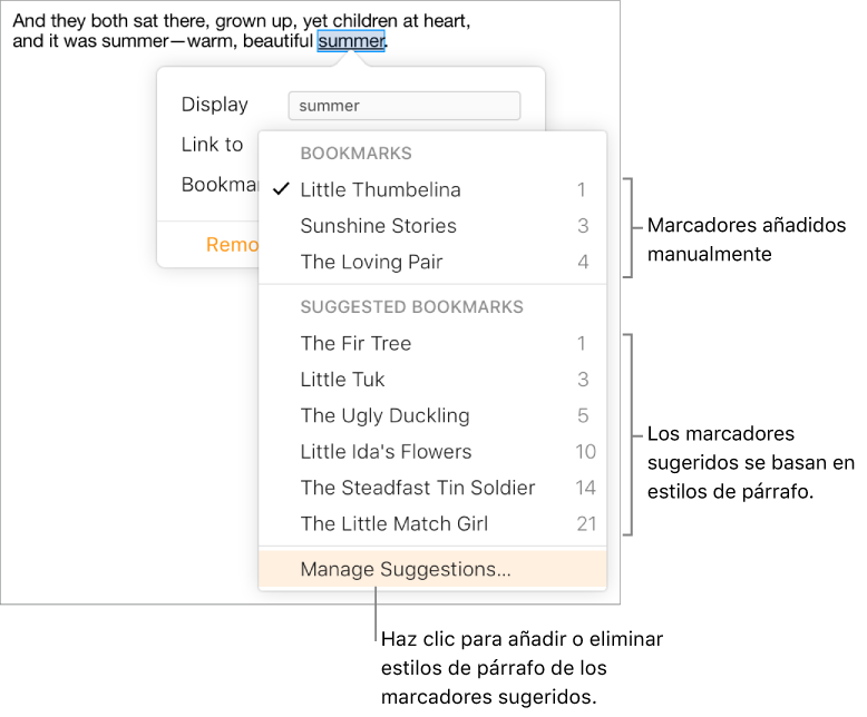 La lista de marcadores con los marcadores añadidos manualmente en la parte superior y los marcadores sugeridos en la parte inferior. “Gestionar sugerencias” aparece seleccionado al final del menú desplegable.