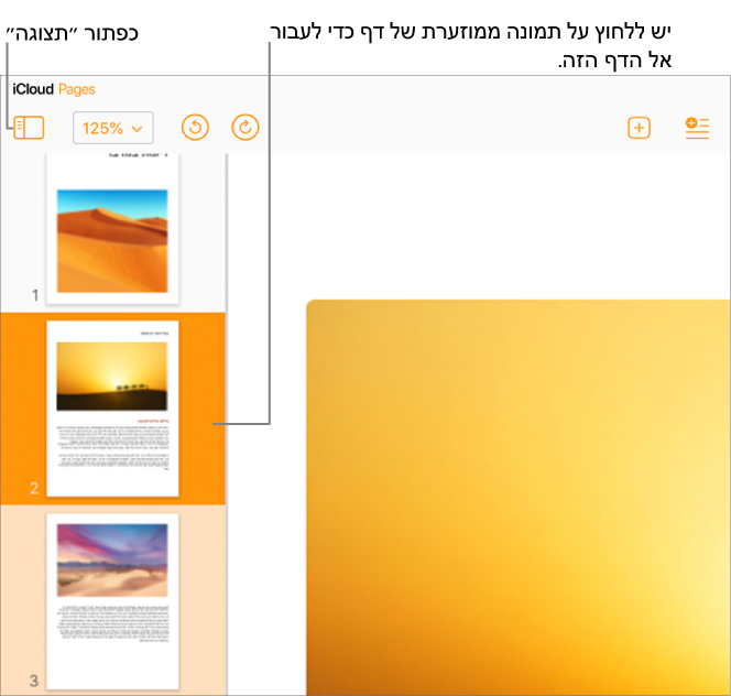תצוגת תמונות ממוזערות של עמודים בצד שמאל של המסך עם בחירה בעמוד. הלחצן ״תצוגה״ נמצא בסרגל הכלים מעל התמונות הממוזערות.