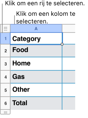 Een geselecteerde tabelrij met bijschriften voor de rij- en kolomselecties.