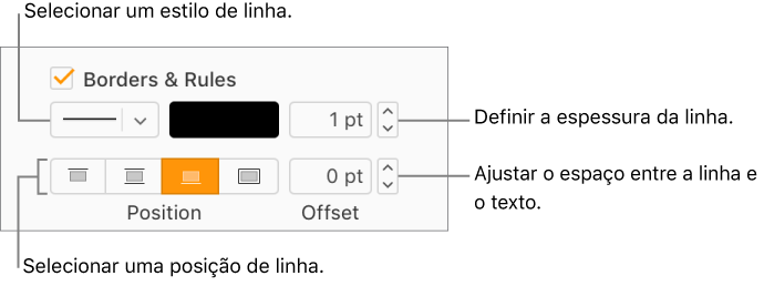 A opção assinalável Contornos e regras está selecionada na barra lateral Formatar e os controlos para alternar o estilo, espessura, posição e cor da linha são apresentados por baixo da opção assinalável.