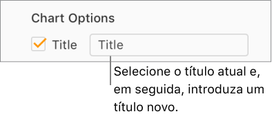 Na secção Opções de gráficos da barra lateral Formatar, a opção assinalável Título está assinalada. O campo de texto à direita da opção assinalável mostra o marcador de posição de título do gráfico, “Título”.