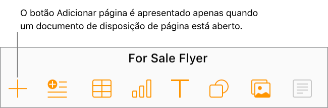 A parte central da barra de ferramentas dos documentos de disposição de página com um botão Adicionar página, à esquerda, do botão Inserir.
