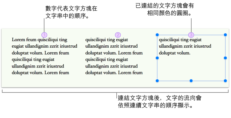 三個連結的文字框已填入文字，並在頁面上並列。每個文字框的頂端有一個含有數字的紫色圓圈，表示其在文字串中的順序。