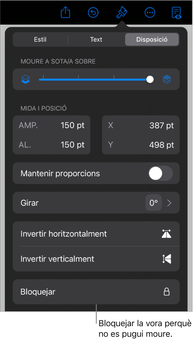 Els controls de disposició al menú Format amb el botó Bloquejar ressaltat.